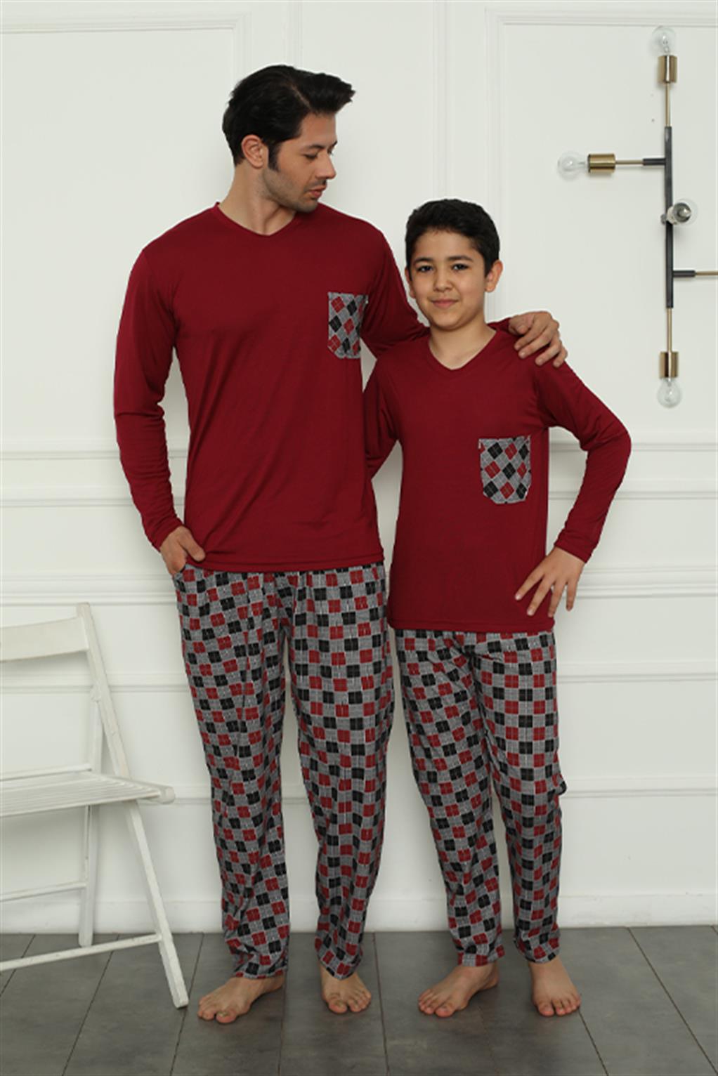 Moda Çizgi Baba Oğul  Aile Pijama Takım Ayrı Ayrı Satılır Fiyatları Farklıdır 50108 - M | Bordo