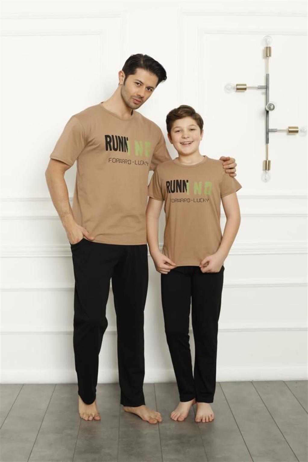 Moda Çizgi Baba Oğul Bej Aile Pijama Takım Ayrı Ayrı Satılır 50102 - 6 | Bej
