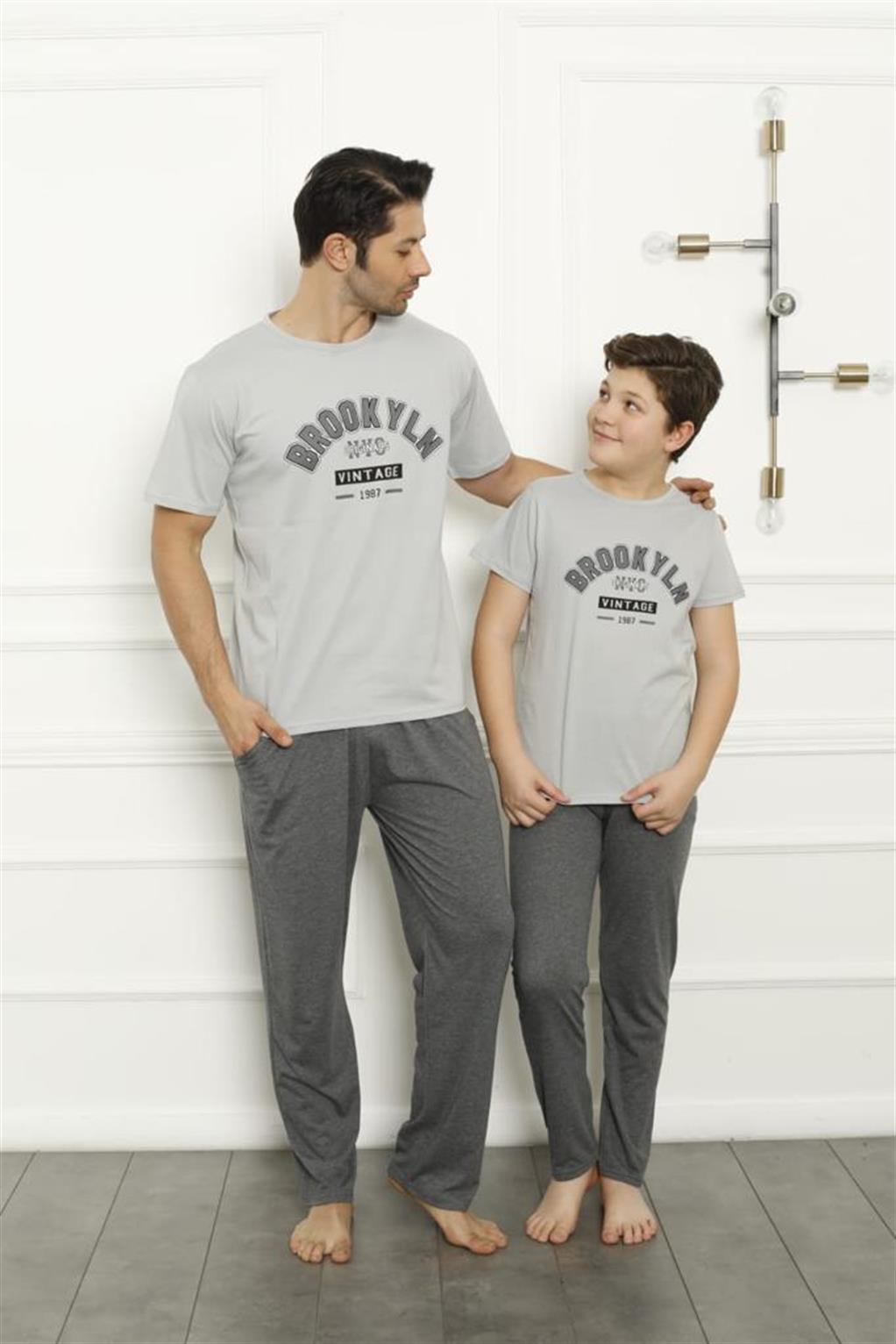 Moda Çizgi Baba Oğul Gri Aile Pijama Takım Ayrı Ayrı Satılır 50102 - M | Gri