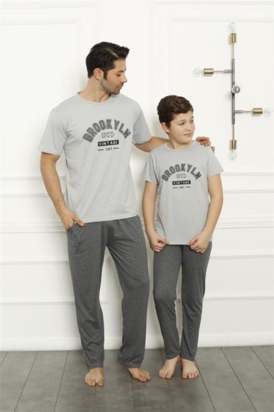 Moda Çizgi Baba Oğul Gri Aile Pijama Takım Ayrı Ayrı Satılır 50102 - Thumbnail