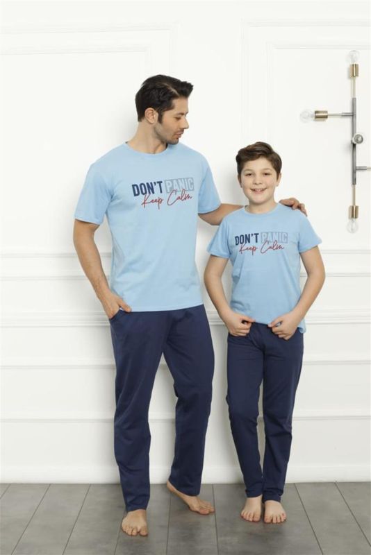 Moda Çizgi Baba Oğul  Mavi Aile Pijama Takım Ayrı Ayrı Satılır 50102 - 1