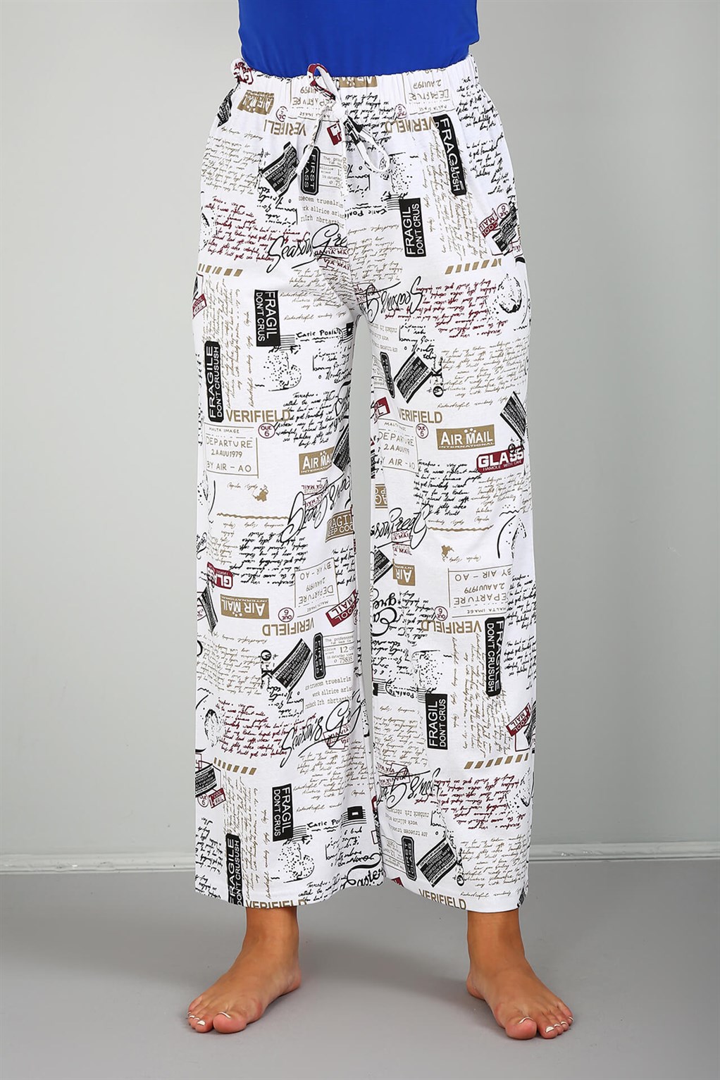 Moda Çizgi Bayan Penye Bol Paça Pantolon 210034 - M | Beyaz
