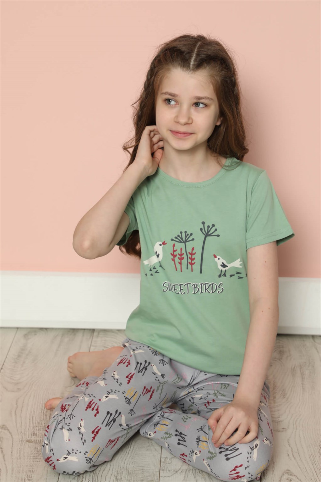 Moda Çizgi Çocuk Pamuk Kısa Kollu Pijama Takımı 20585Y - 10 | Yeşil
