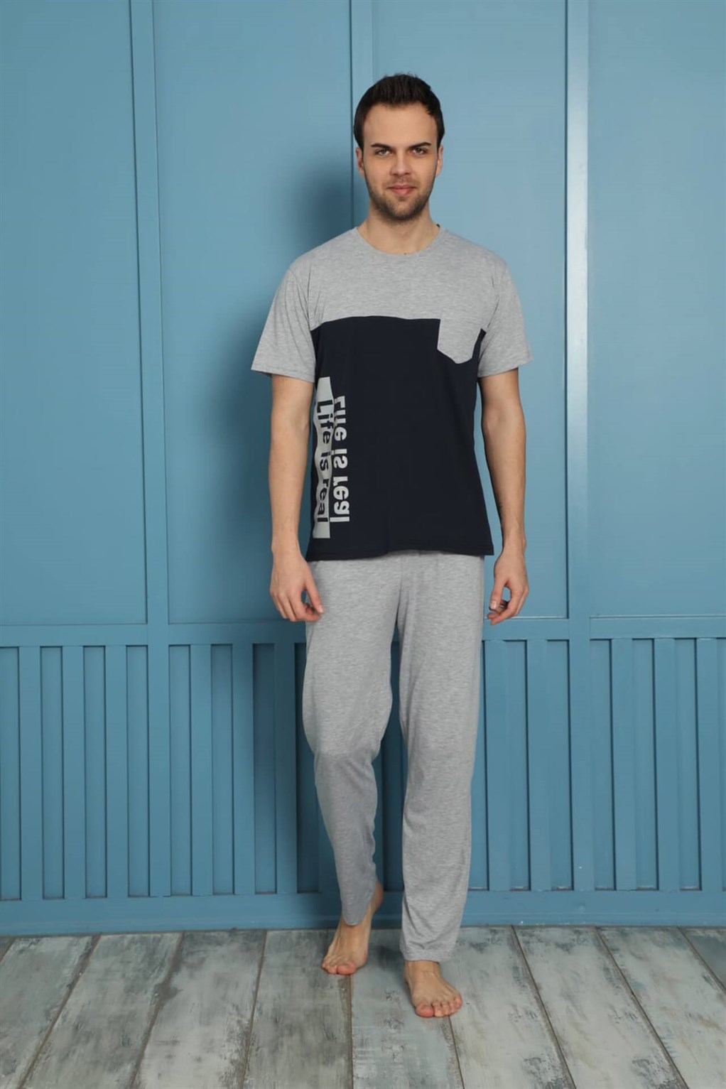 Moda Çizgi Erkek %100 Pamuk Cepli Pijama Takımı 20510G - XL | Gri