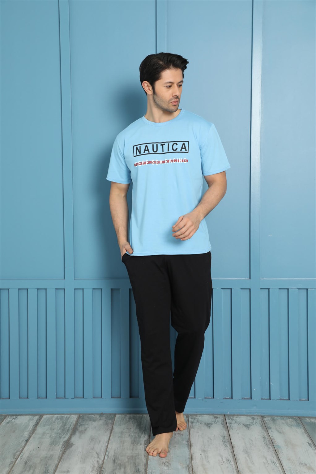 Moda Çizgi Erkek %100 Pamuk Cepli Pijama Takımı 20576M - XL | Mavi