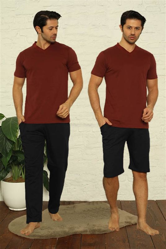 Moda Çizgi Erkek Bordo V Yaka 3'lü Pijama Takım 6822 - 1