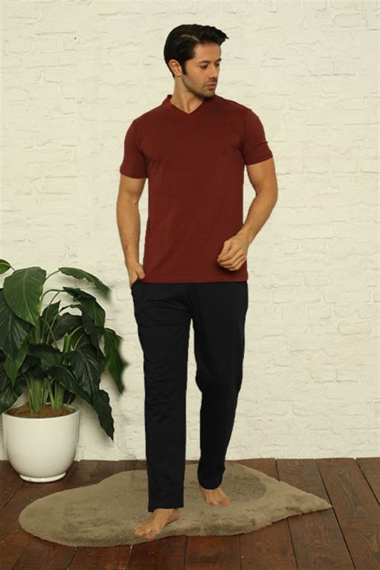 Moda Çizgi Erkek Bordo V Yaka 3'lü Pijama Takım 6822 - 2