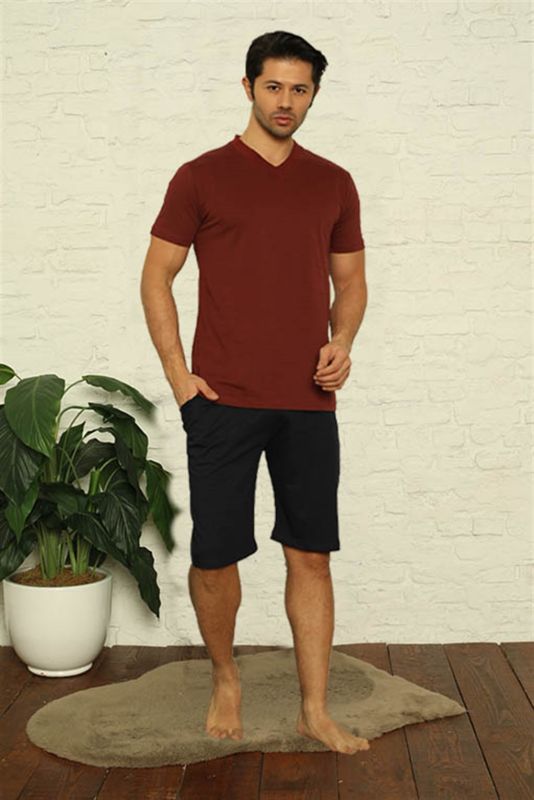 Moda Çizgi Erkek Bordo V Yaka 3'lü Pijama Takım 6822 - 3