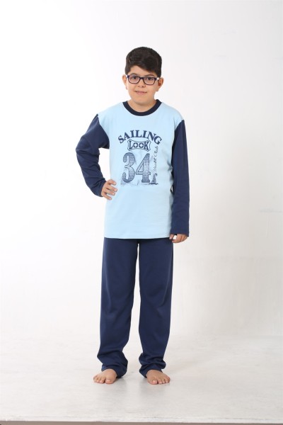Moda Çizgi Erkek Çocuk Buz Mavisi Penye Pijama Takım 4508 - Thumbnail