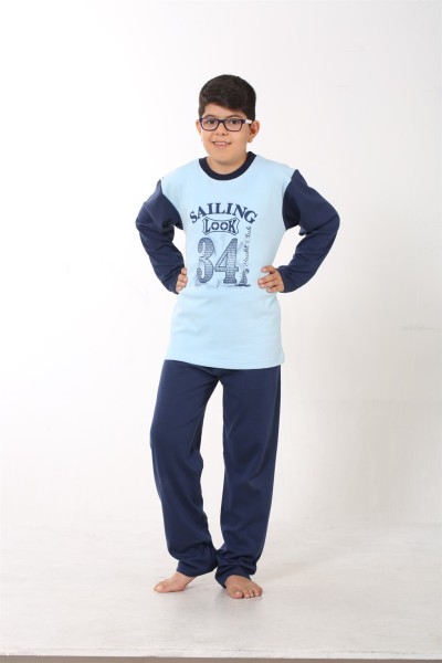 Moda Çizgi Erkek Çocuk Buz Mavisi Penye Pijama Takım 4508 - Thumbnail