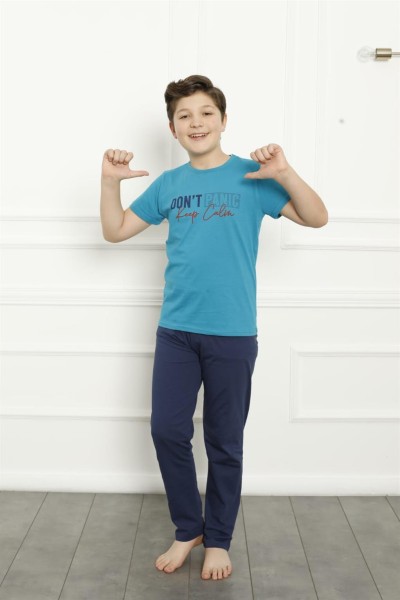 Moda Çizgi Erkek Çocuk Pamuk Kısa Kollu Pijama Takımı 20379 - Thumbnail