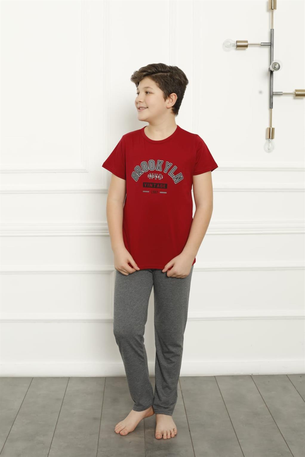 Moda Çizgi Erkek Çocuk Pamuk Kısa Kollu Pijama Takımı 20381 - 12 | Kırmızı