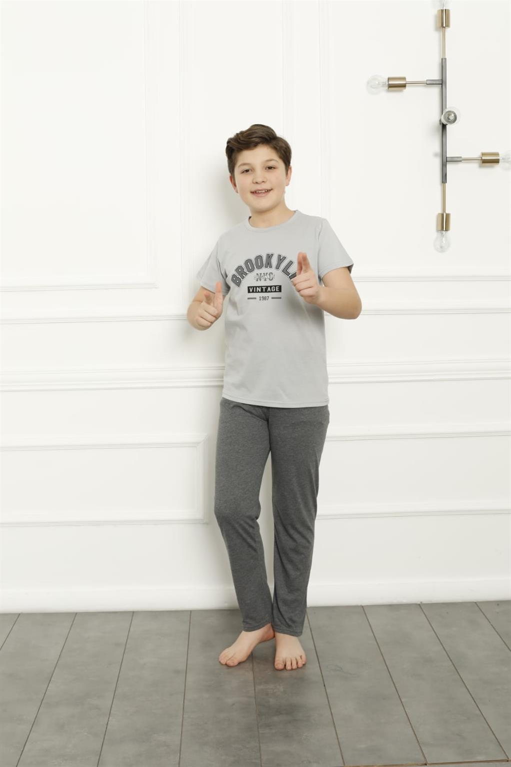 Moda Çizgi Erkek Çocuk Pamuk Kısa Kollu Pijama Takımı 20382 - 10 | Gri