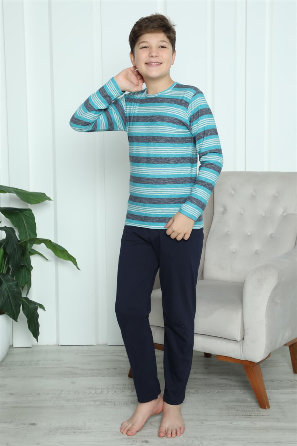 Moda Çizgi Erkek Çocuk Penye Pijama Takım 20413 - 11-12 | Turkuaz