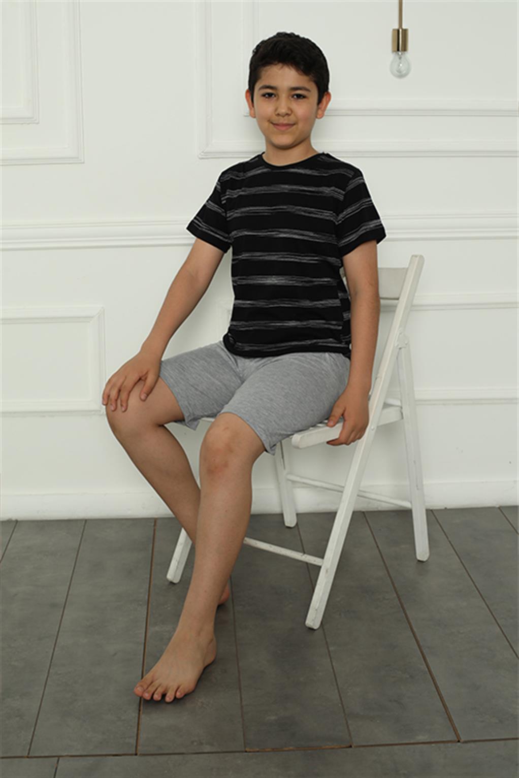 Moda Çizgi Erkek Çocuk Penye Şortlu Pijama Takım 20392 - 3-4 | Siyah