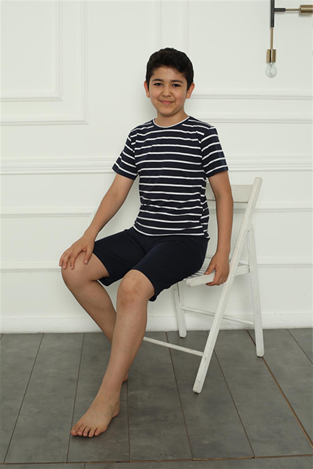 Moda Çizgi Erkek Çocuk Penye Şortlu Pijama Takım 20394 - 15-16 | Lacivert