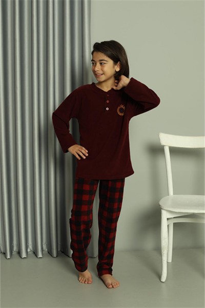 Moda Çizgi - Moda Çizgi Erkek Çocuk WelSoft Polar Bordo Pijama Takımı 20549