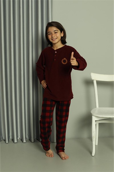 Moda Çizgi Boy's WelSoft Polar Claret Red Pajama Set 20549 - Thumbnail