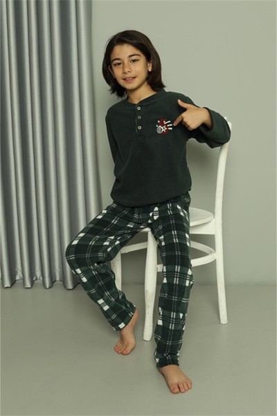 Moda Çizgi - Moda Çizgi Erkek Çocuk WelSoft Polar Yeşil Pijama Takımı 20549