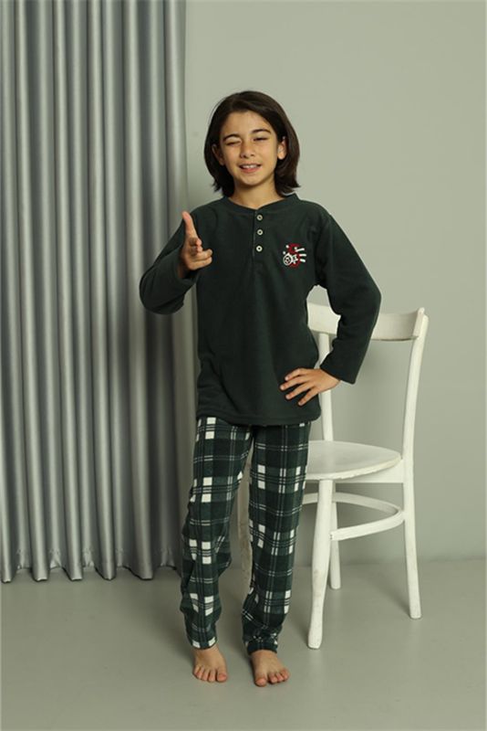Moda Çizgi Erkek Çocuk WelSoft Polar Yeşil Pijama Takımı 20549 - 2