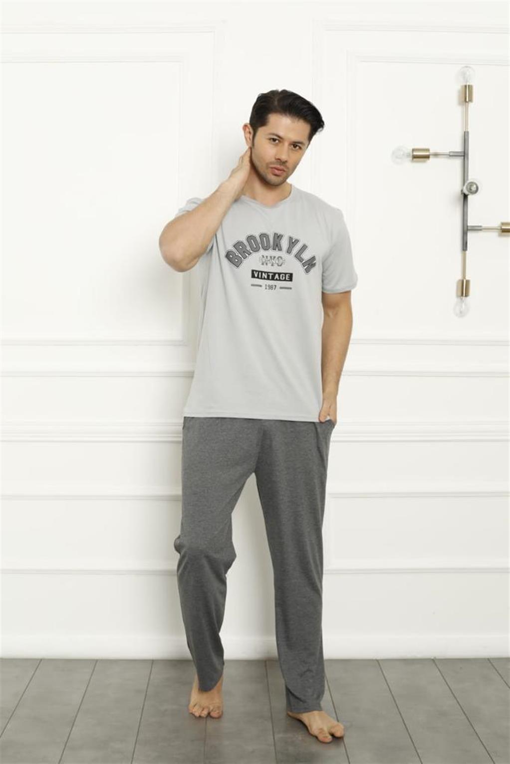 Moda Çizgi Erkek Gri Penye Pijama Takım 20371 - 2XL | Gri