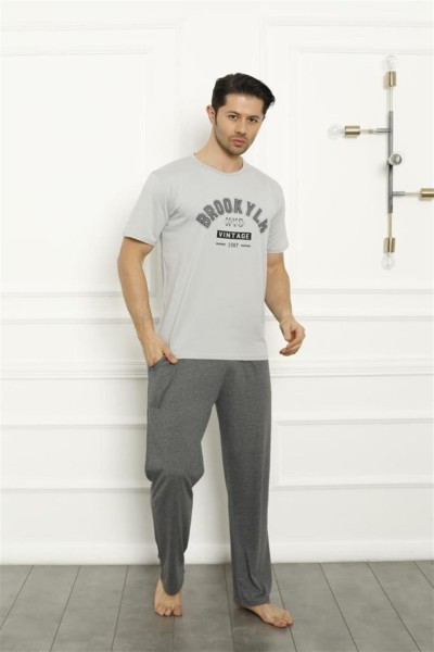 Moda Çizgi Erkek Gri Penye Pijama Takım 20371 - Thumbnail
