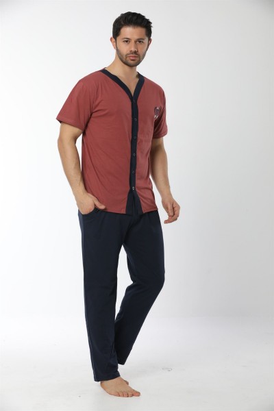 Moda Çizgi - Moda Çizgi Erkek Kiremit Renk Önden Düğmeli Pijama Takım 6537