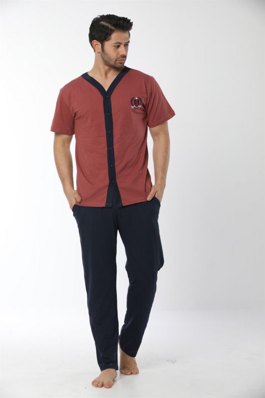 Moda Çizgi Erkek Kiremit Renk Önden Düğmeli Pijama Takım 6537 - 2
