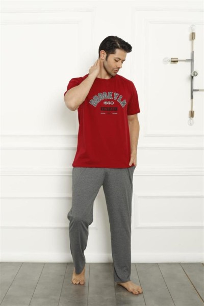 Moda Çizgi Erkek Kırmızı Penye Pijama Takım 20371 - Thumbnail