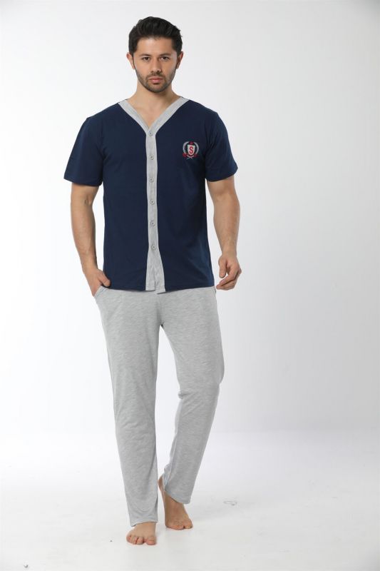 Moda Çizgi Erkek Lacivert Önden Düğmeli Pijama Takım 6536 - 1