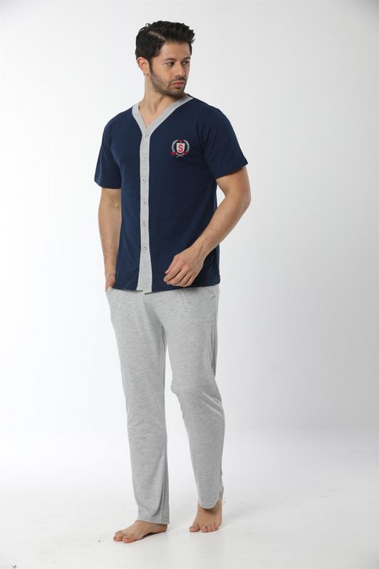 Moda Çizgi Erkek Lacivert Önden Düğmeli Pijama Takım 6536 - 2