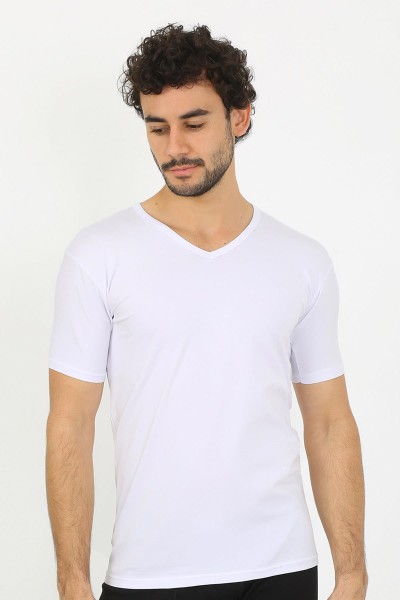 modacizgi - moda çizgi Erkek Likralı V Yaka Beyaz T-Shirt 65700