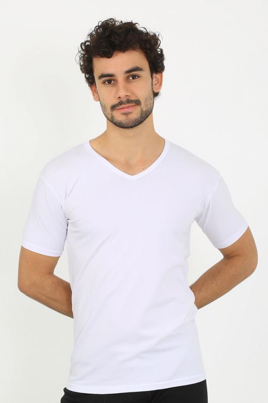 moda çizgi Erkek Likralı V Yaka Beyaz T-Shirt 65700 - 2