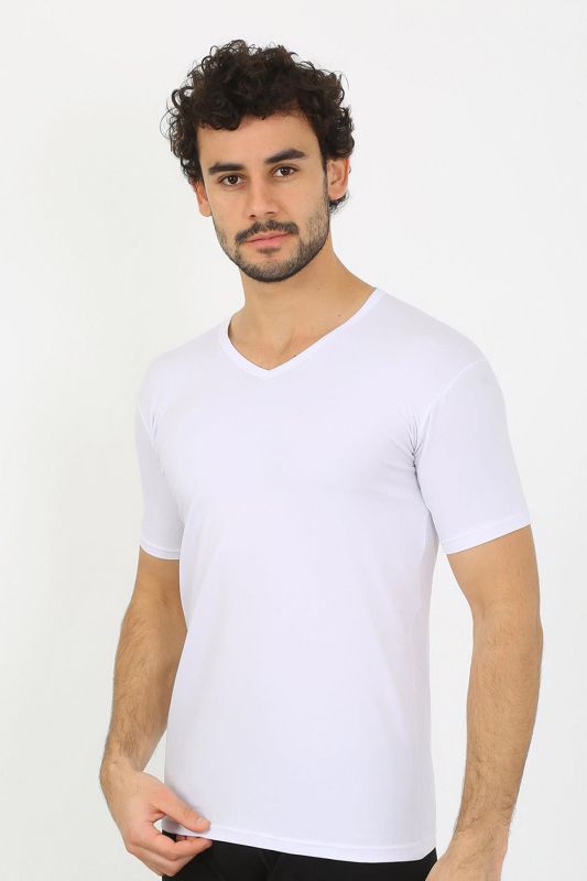 moda çizgi Erkek Likralı V Yaka Beyaz T-Shirt 65700 - 3