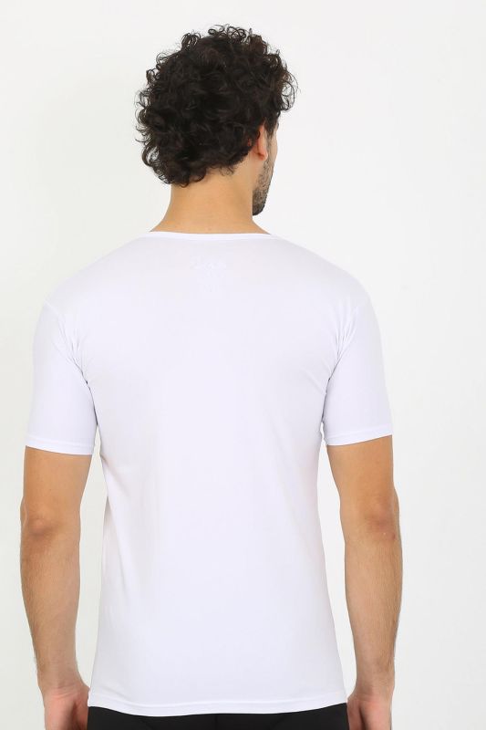 moda çizgi Erkek Likralı V Yaka Beyaz T-Shirt 65700 - 4