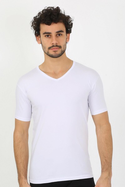 moda çizgi Erkek Likralı V Yaka Beyaz T-Shirt 65700 - Thumbnail