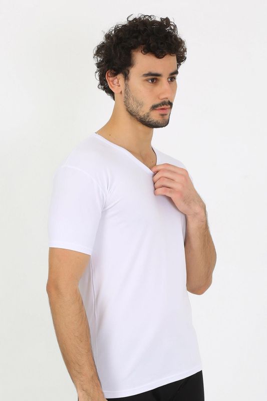 moda çizgi Erkek Likralı V Yaka Beyaz T-Shirt 65700 - 6