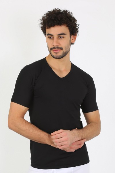 modacizgi - moda çizgi Erkek Likralı V Yaka Siyah T-Shirt 65700
