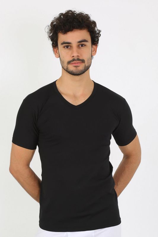 moda çizgi Erkek Likralı V Yaka Siyah T-Shirt 65700 - 2