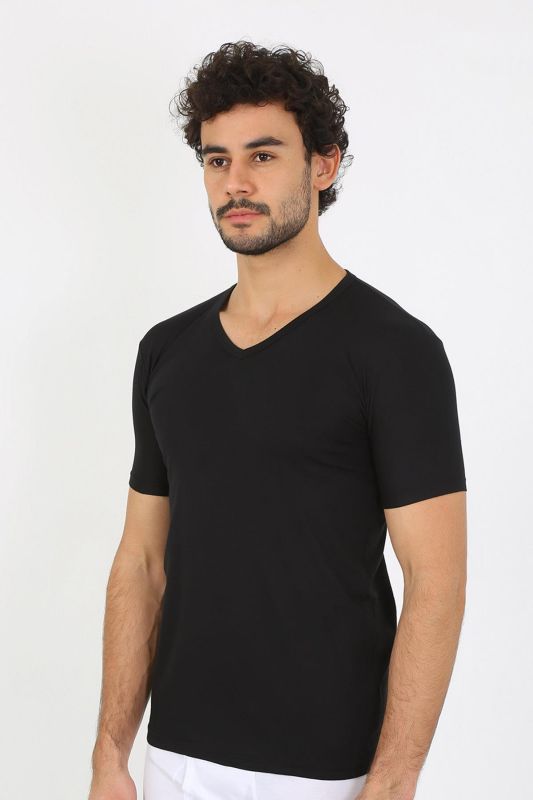 moda çizgi Erkek Likralı V Yaka Siyah T-Shirt 65700 - 3