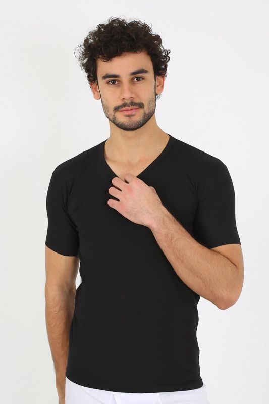 moda çizgi Erkek Likralı V Yaka Siyah T-Shirt 65700 - 4