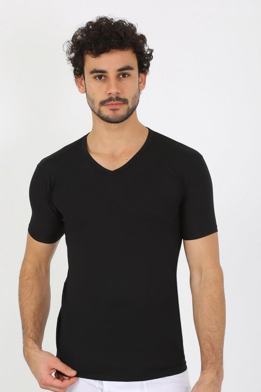moda çizgi Erkek Likralı V Yaka Siyah T-Shirt 65700 - 6