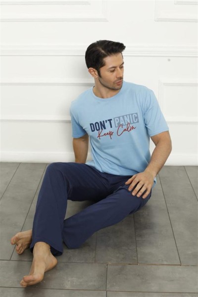 Moda Çizgi Erkek Mavi Penye Pijama Takım 20371 - Thumbnail