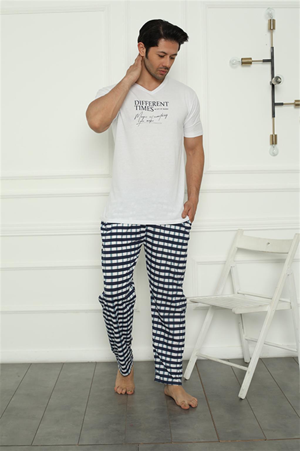 Moda Çizgi Erkek Penye Pijama Takım 6831 - M | Beyaz