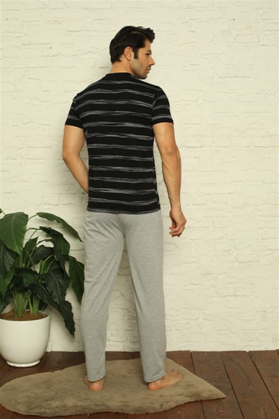 Moda Çizgi Erkek Siyah 3'lü Pijama Takım 6823 - Thumbnail