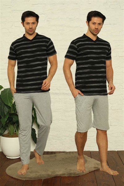 Moda Çizgi - Moda Çizgi Erkek Siyah V Yaka 3'lü Pijama Takım 6822