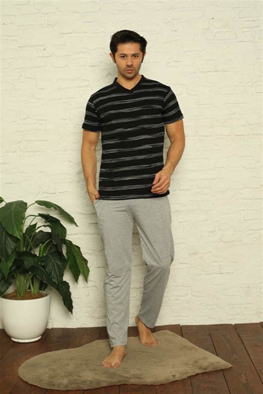 Moda Çizgi Erkek Siyah V Yaka 3'lü Pijama Takım 6822 - 4