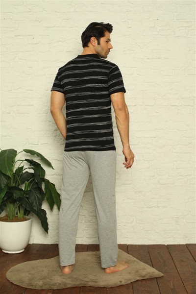 Moda Çizgi Erkek Siyah V Yaka 3'lü Pijama Takım 6822 - Thumbnail