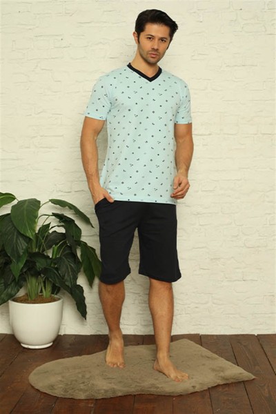 Moda Çizgi Erkek Su Yeşili V Yaka 3'lü Pijama Takım 6822 - Thumbnail