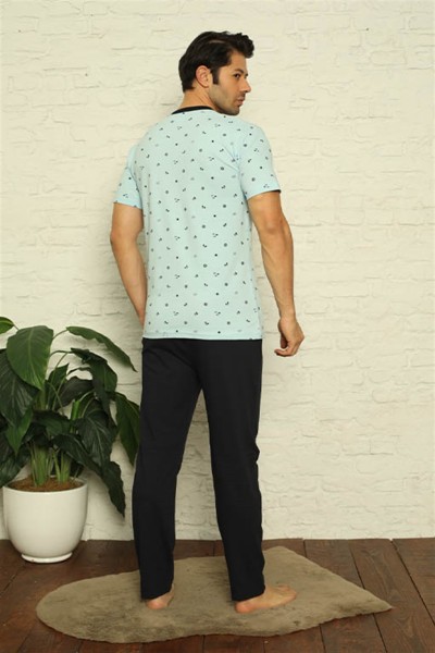Moda Çizgi Erkek Su Yeşili V Yaka 3'lü Pijama Takım 6822 - Thumbnail